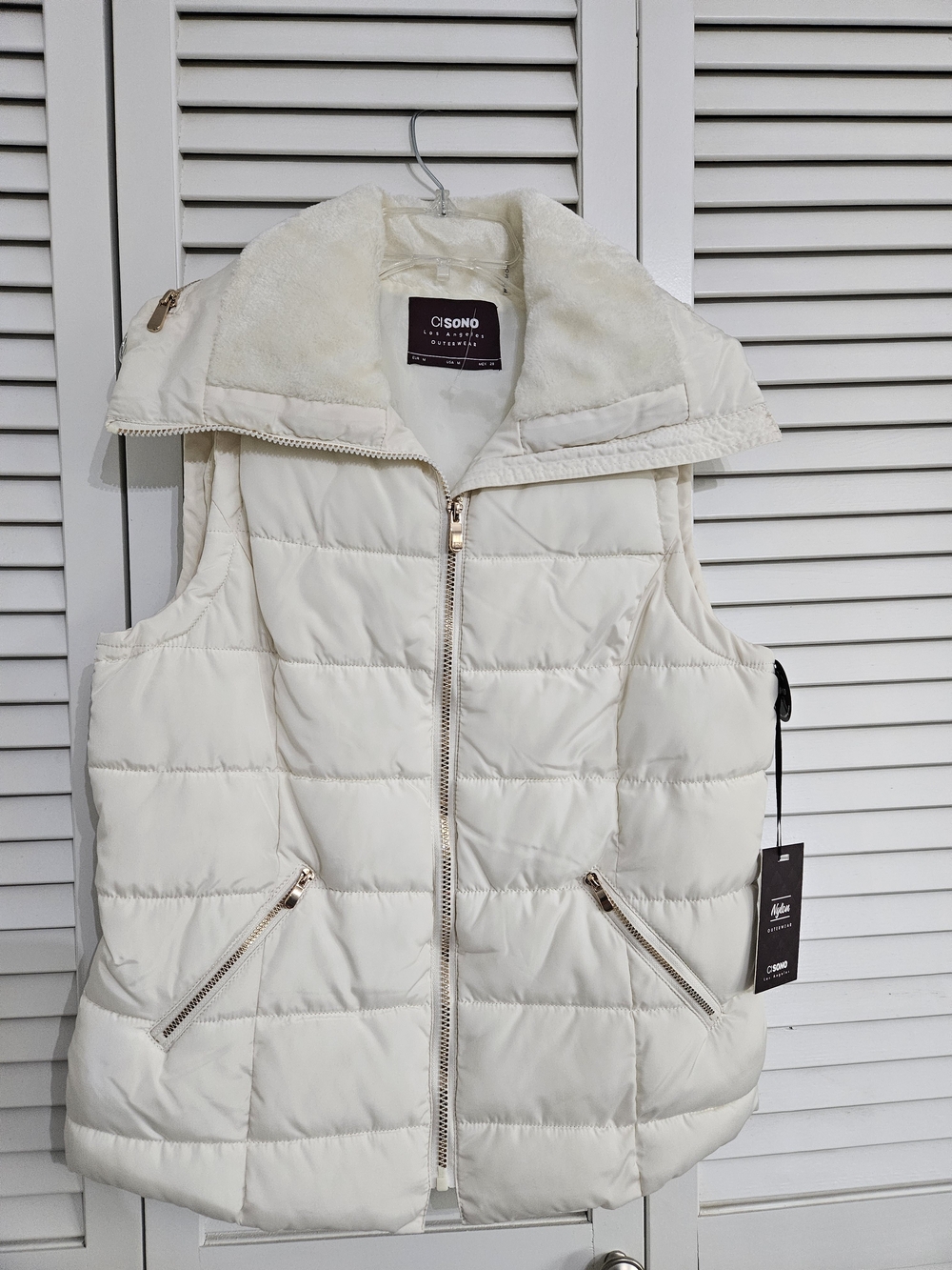 Ci Sono Ivory Quilted Puffer Vest with Faux Shearling Collar M